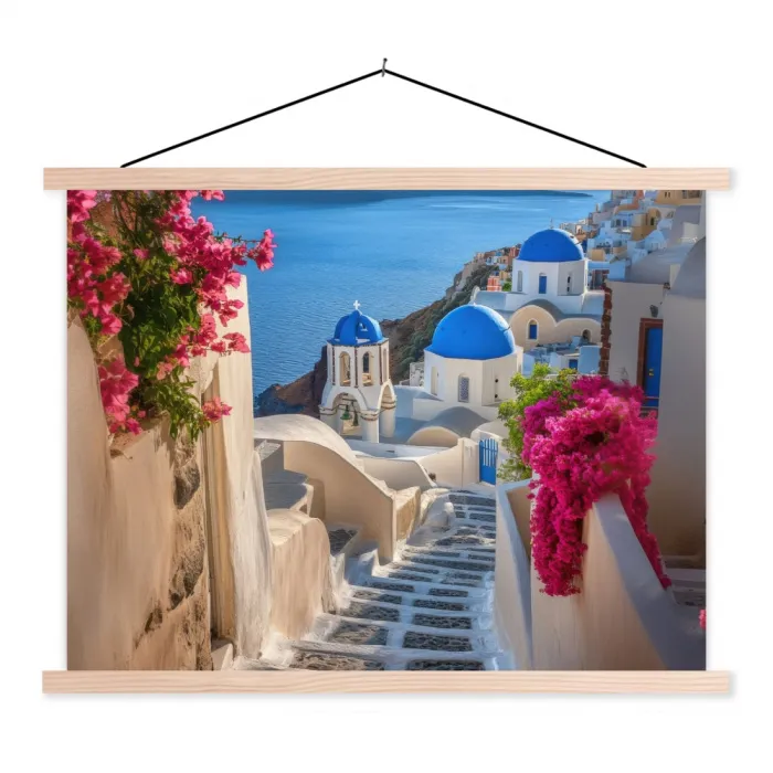 Santorini - Bloemen - Griekenland textielposter latten blank klein -3d