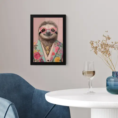 Luiaard - Bloemenprint - Bril - Roze fotolijst zwart zonder passe partout klein -sfeer4