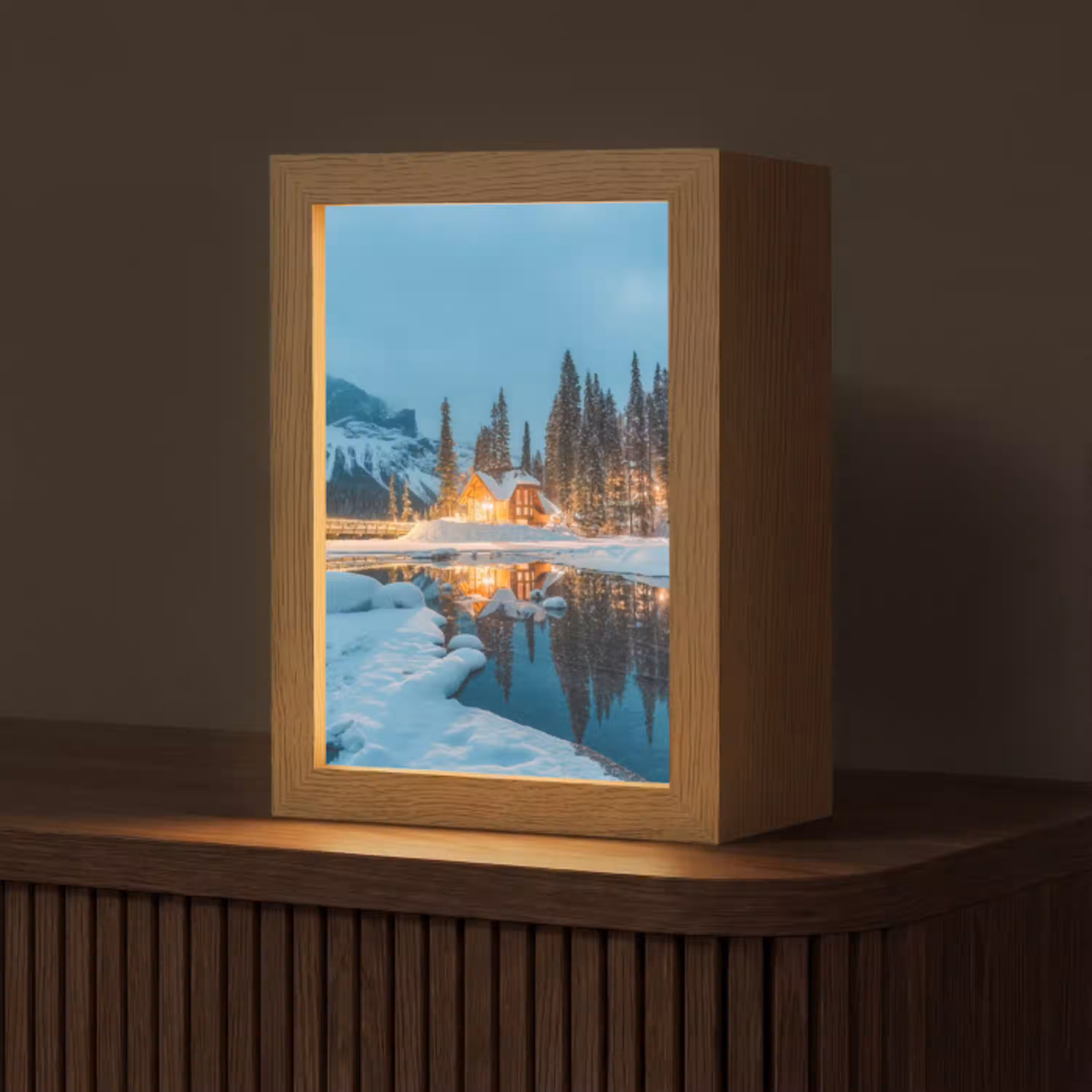 Winterlandschap - Natuur - Huis - Bergen - Sneeuw Light Box met kabel (Tafellamp) klein -z3d_website