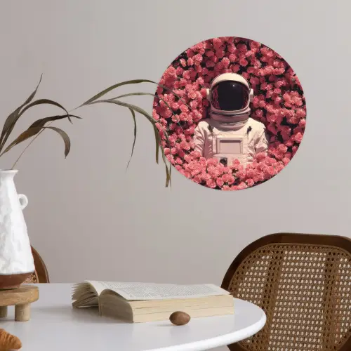 Bloemen - Roze - Astronaut Wandcirkel behangsticker klein -sfeer3