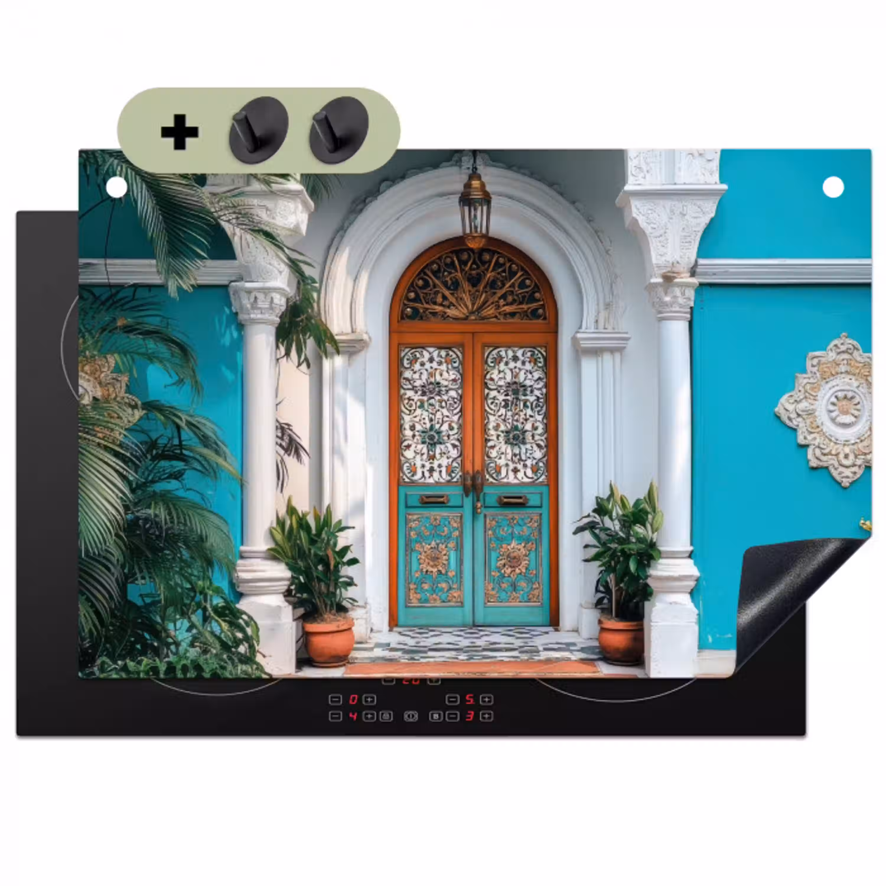Zuilen - Sierlijke - Deur - Blauw Inductie beschemer met haakjes klein -3d