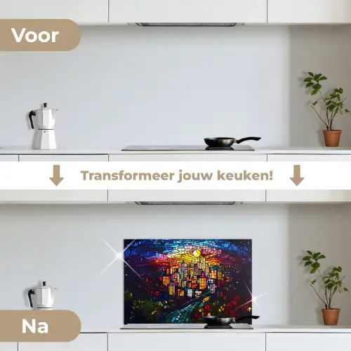 Stad - Maan - Mozaïek - Kleurrijk keuken achterwand spatscherm klein -voor_na_NL