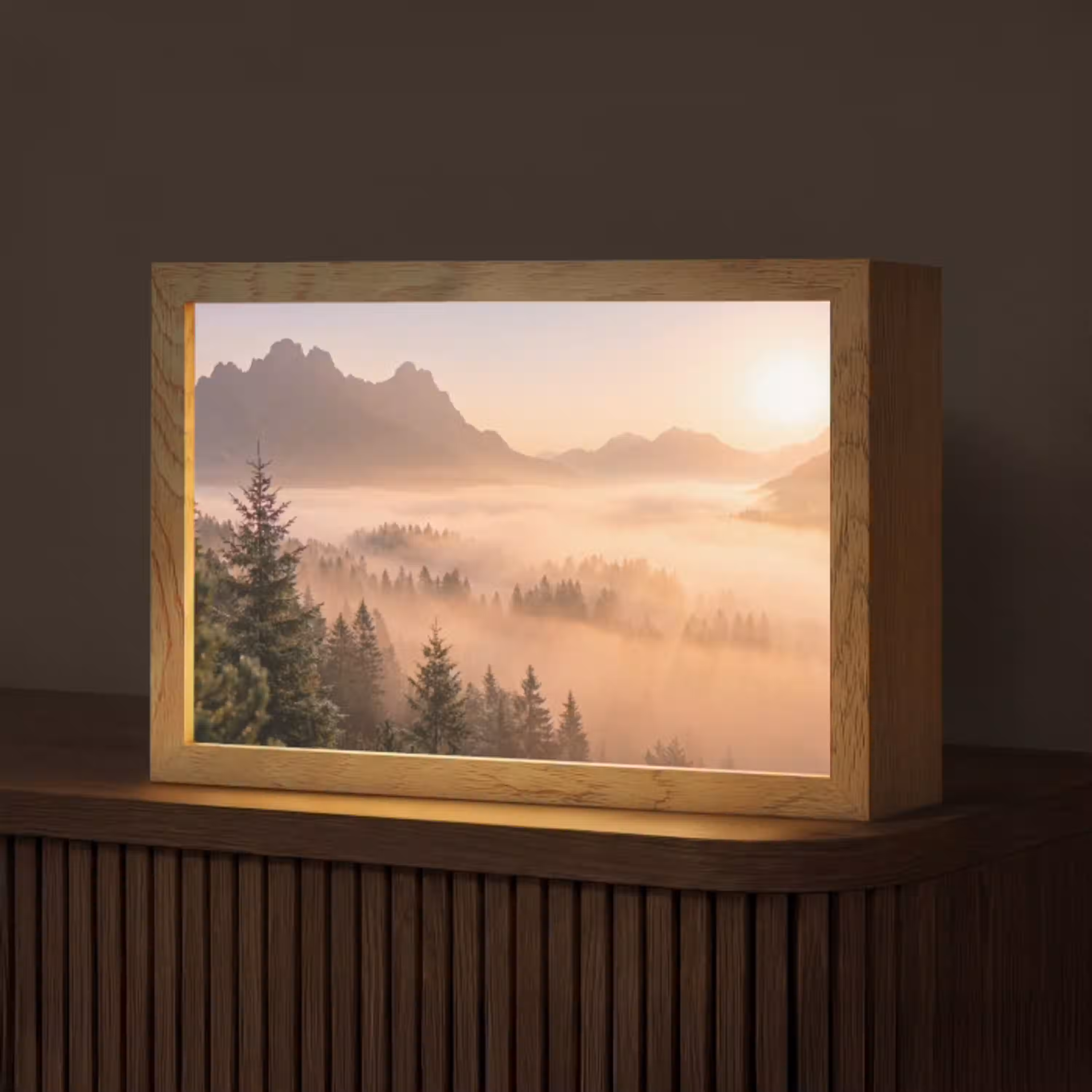 Zonlicht - Mist - Bergen - Bomen Light Box met kabel (Tafellamp) klein -z3d_website
