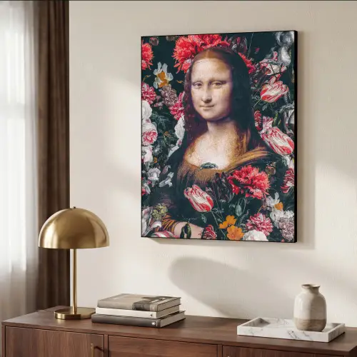 Mona Lisa - Leonardo da Vinci - Bloemen - Roze Textielframe zwart klein -sfeer3