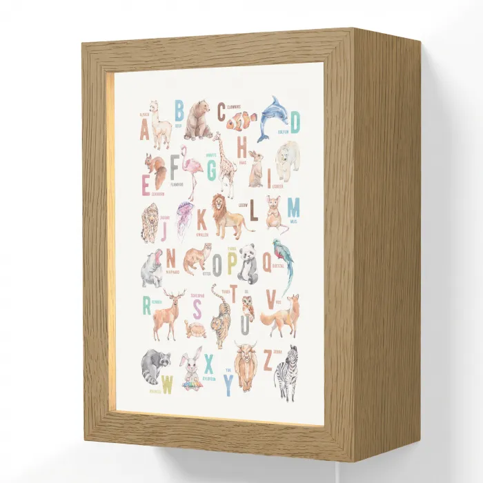 Alfabet - Educatief - Letters leren voor kinderen - Wilde dieren - Kleurrijk Light Box met kabel (Wandlamp kind) klein -3d
