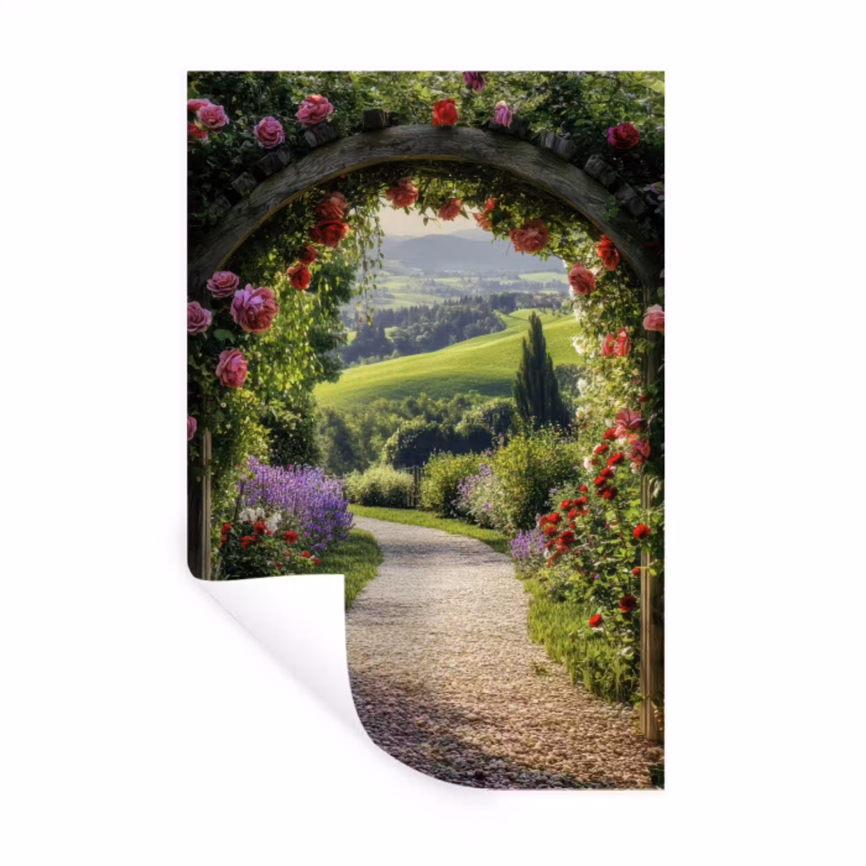 Doorkijk - Tuinboog - Bloemen - Natuur - Pad Muursticker klein -3d