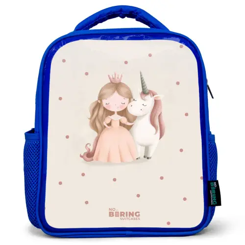 Prinses en een eenhoorn in pastel kleuren Kinderrugzak - Blauw middel -3d