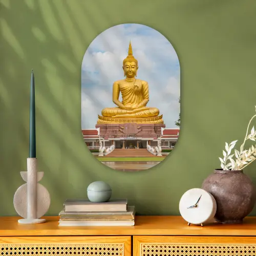 Boeddha - Buddha beeld - Goud - Religie Wandcirkel Ovaal Forex klein -sfeer2
