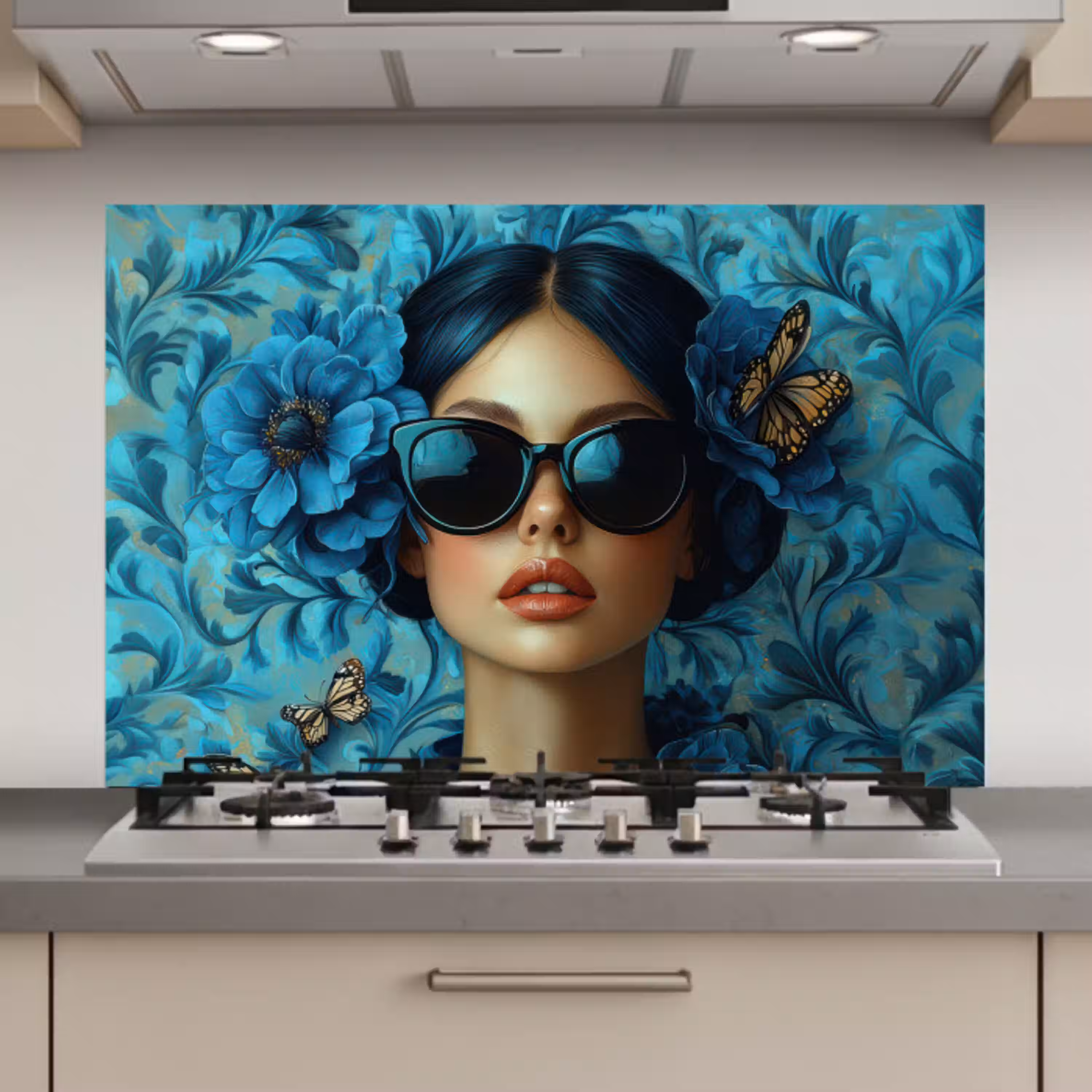 Vrouw - Bloemen - Vlinders - Blauw - Abstract keuken achterwand spatscherm klein -3d_website