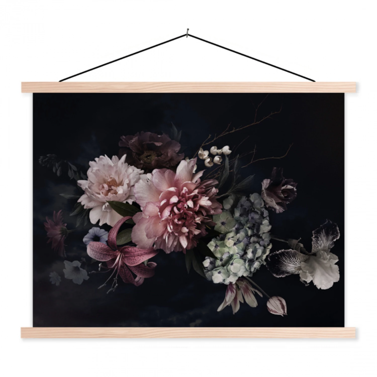 Bloemen - Vintage - Pastel - Zwart - Boeket textielposter latten blank klein -3d