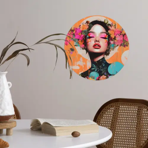 Portret - Vrouw - Abstract - Bloemen Wandcirkel behangsticker klein -sfeer3