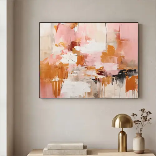 Verf - Roze - Oranje - Abstract - Kunst Textielframe zwart klein -sfeer2