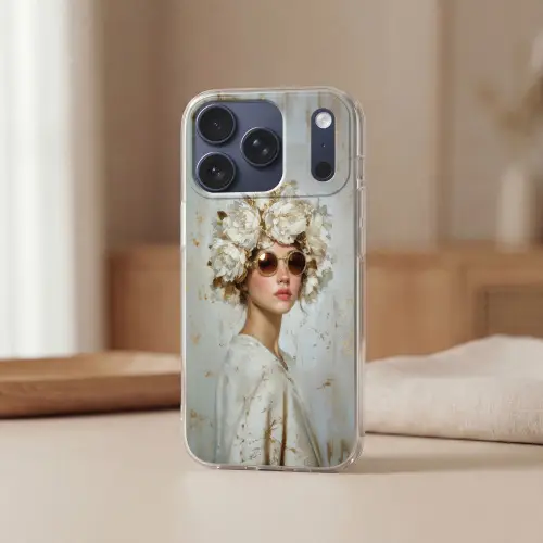 Schilderij - Vrouw - Zonnebril - Bloemenkrans Telefoonhoesje iPhone 17 Pro klein -sfeer2
