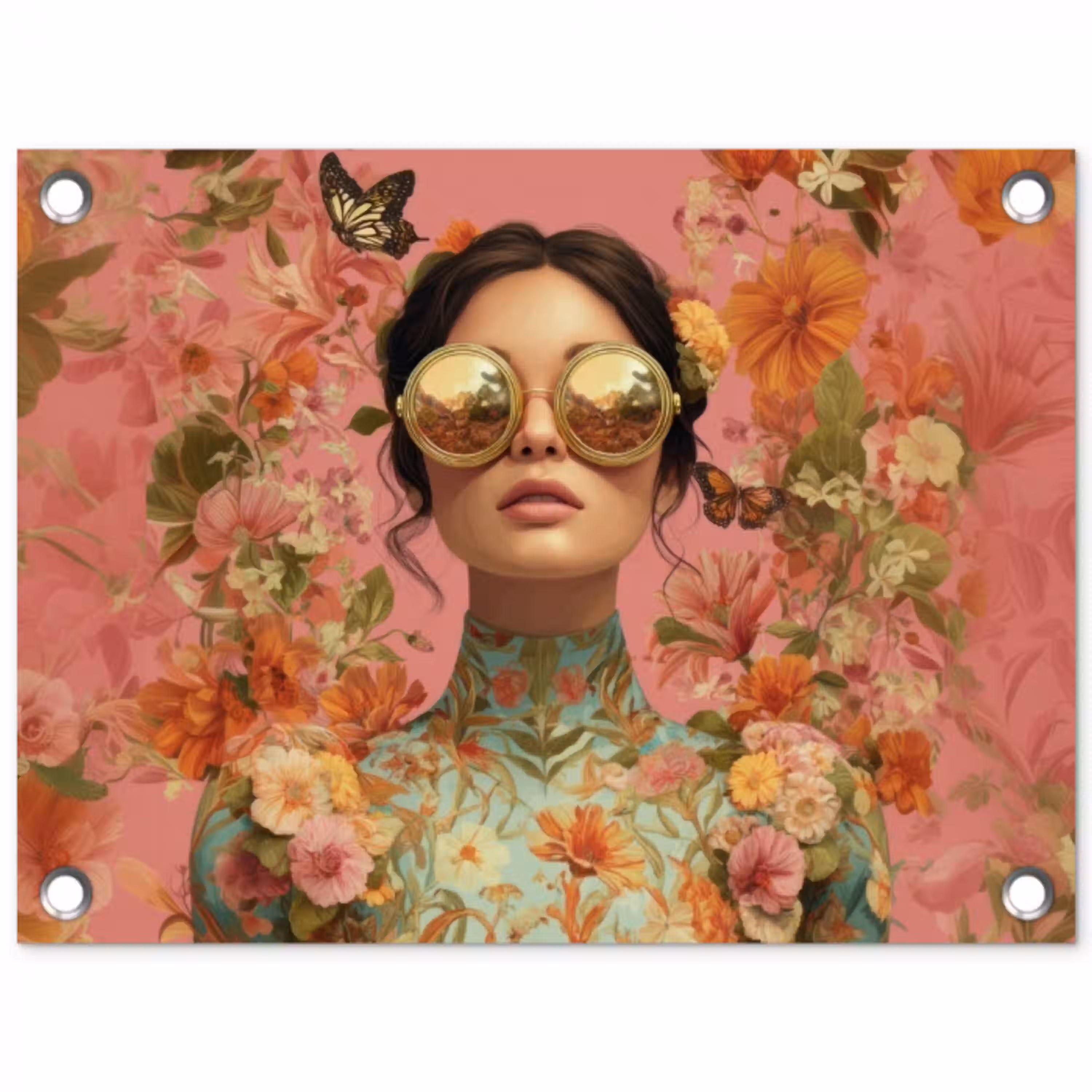 Vrouw - Bril - Roze - Bloemen tuinposter los doek klein -3d