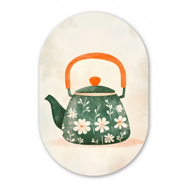 Theepot - Groen - Bloemen - Oranje Wandcirkel Ovaal Glas middel -3d