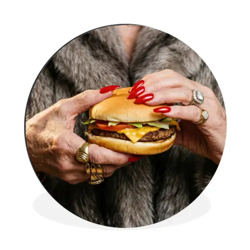 Vrouw - Hamburger - Bontjas Wandcirkel aluminium klein -3d