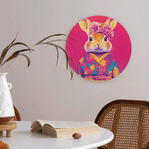 Konijn - Bloemen - Kleurrijk - Kimono Akoestische PET Vilt - Rond klein -sfeer3