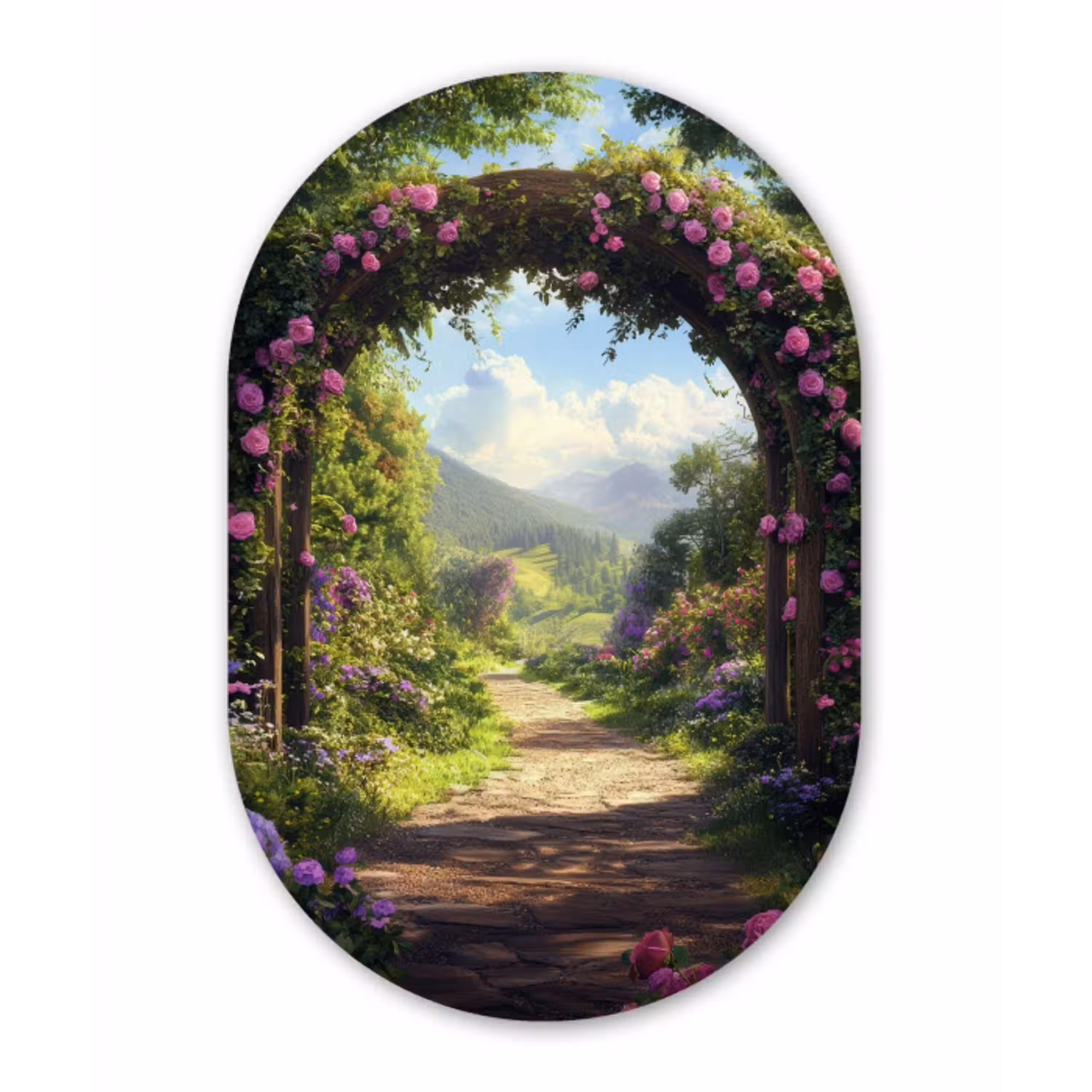 Doorkijk - Rozenboog - Uitzicht - Landschap - Bloemen Wandcirkel Ovaal Aluminium middel -3d