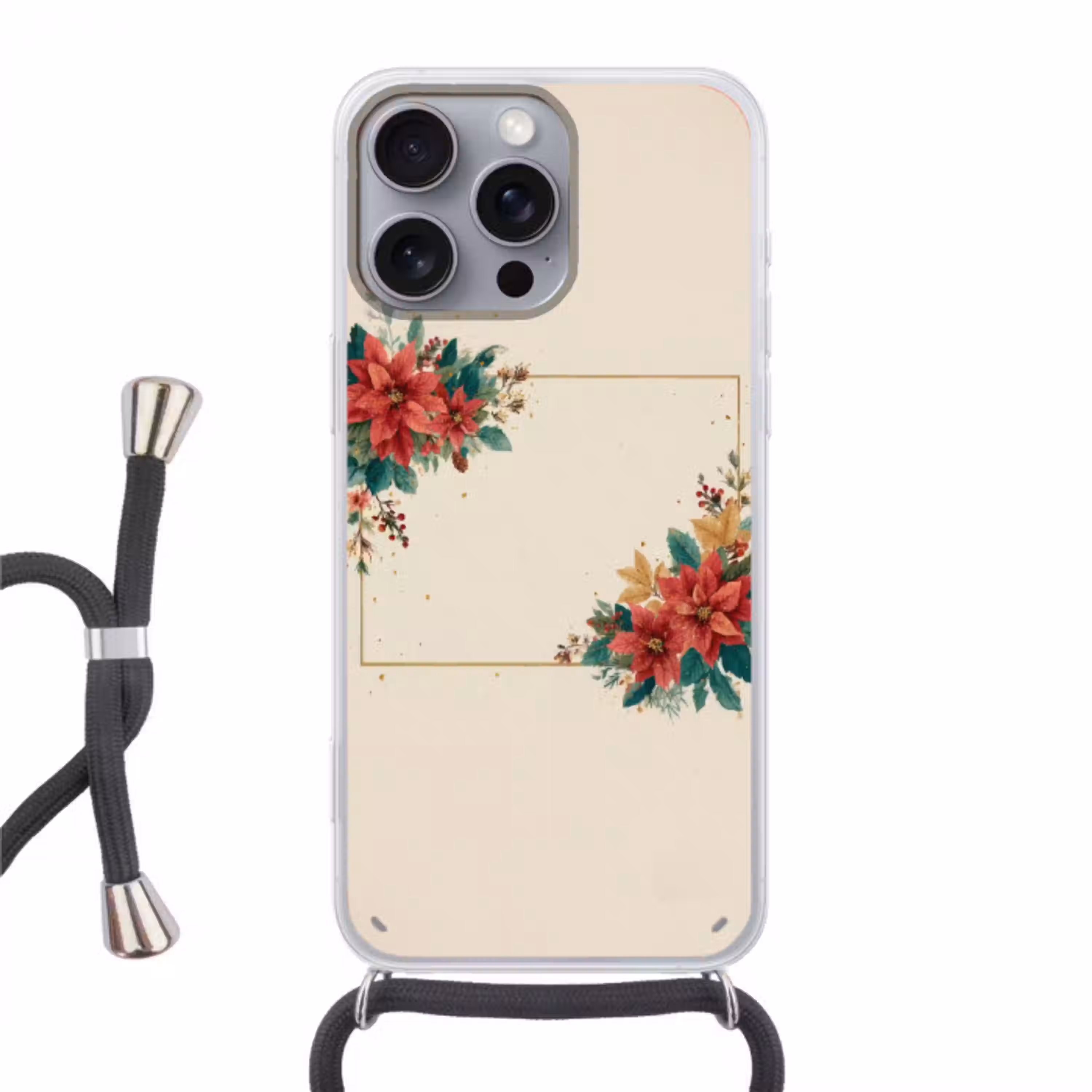 Kerst - Poinsettia - Omlijsting - Kleurrijk Hoesje iPhone 16 Pro Max met koord klein -3d
