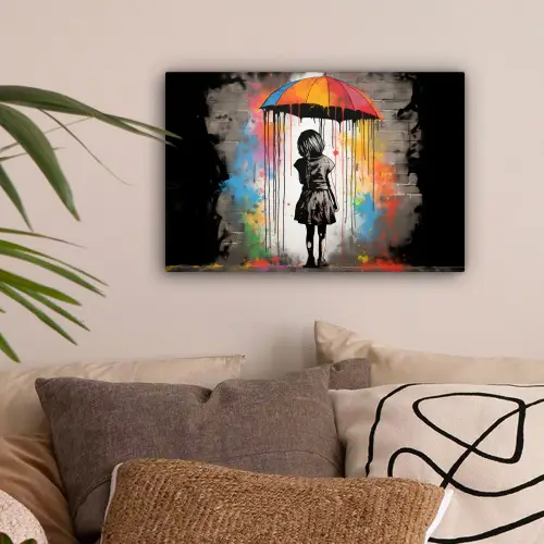 Meisje - Kunst - Paraplu - Graffiti - Kleuren - Muur canvas 2cm klein -sfeer1