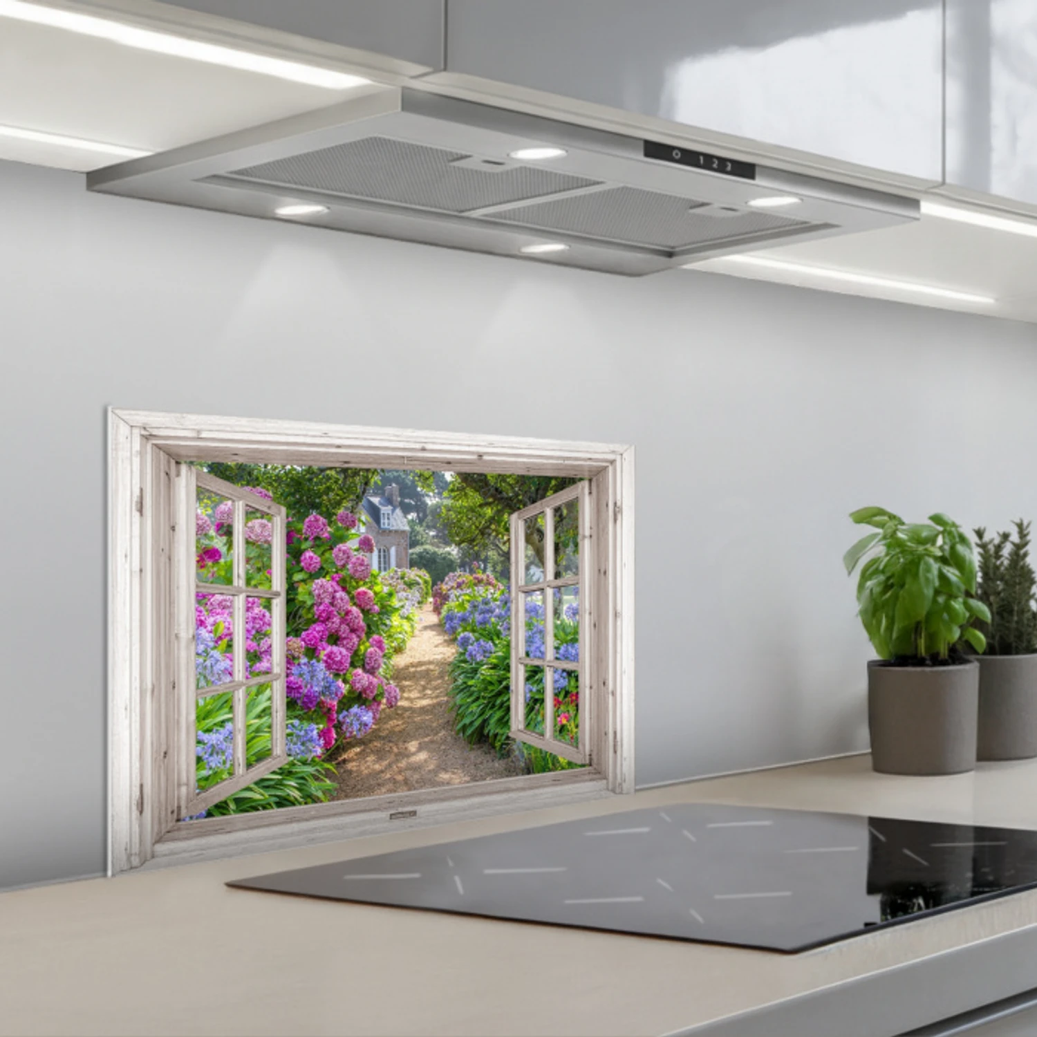 Landhuis omlijst door Hortensia's keuken achterwand spatscherm klein -3d_schuin