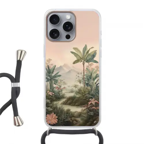 Tropisch landschap - palmbomen - Bloemen - Roze lucht Hoesje iPhone 16 Pro Max met koord klein -3d