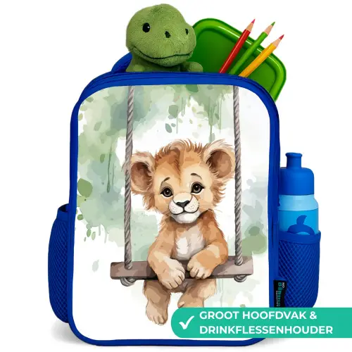 Leeuw - Dier - Kinderen - Jungle Kinderrugzak - Blauw middel -inhoud_NL