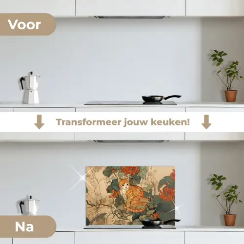 Kat - Sierlijk - Bloemen keuken achterwand spatscherm klein -voor_na_NL