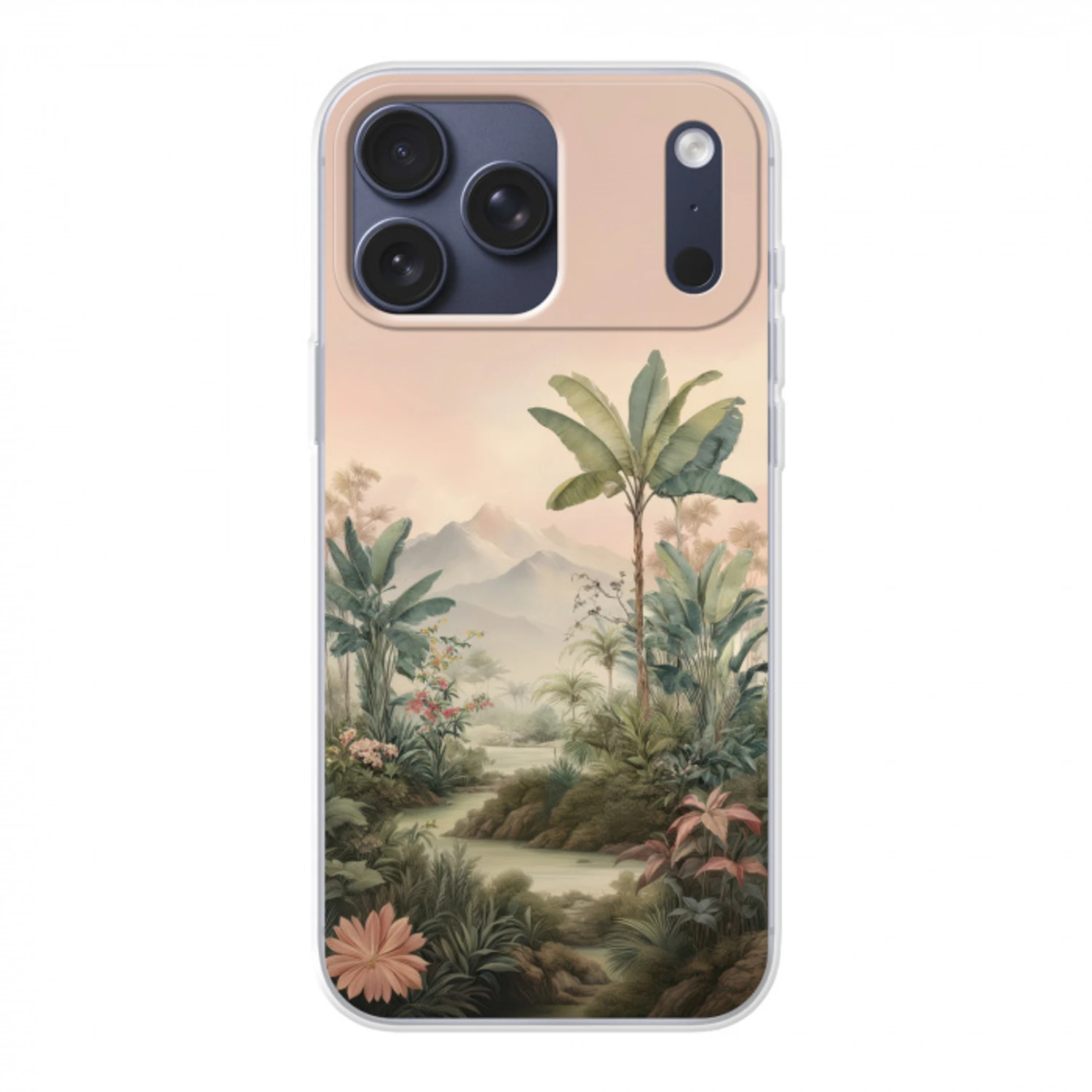 Tropisch landschap - palmbomen - Bloemen - Roze lucht Telefoonhoesje iPhone 17 Pro Max klein -3d