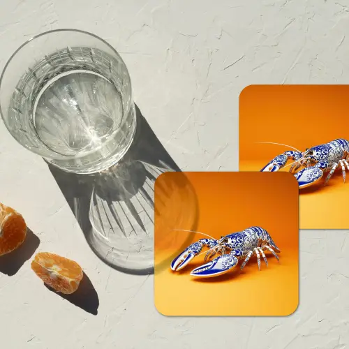 Kreeft - Delftsblauw - Schild - Stoer - Oranje onderzetter kurk middel -sfeer4