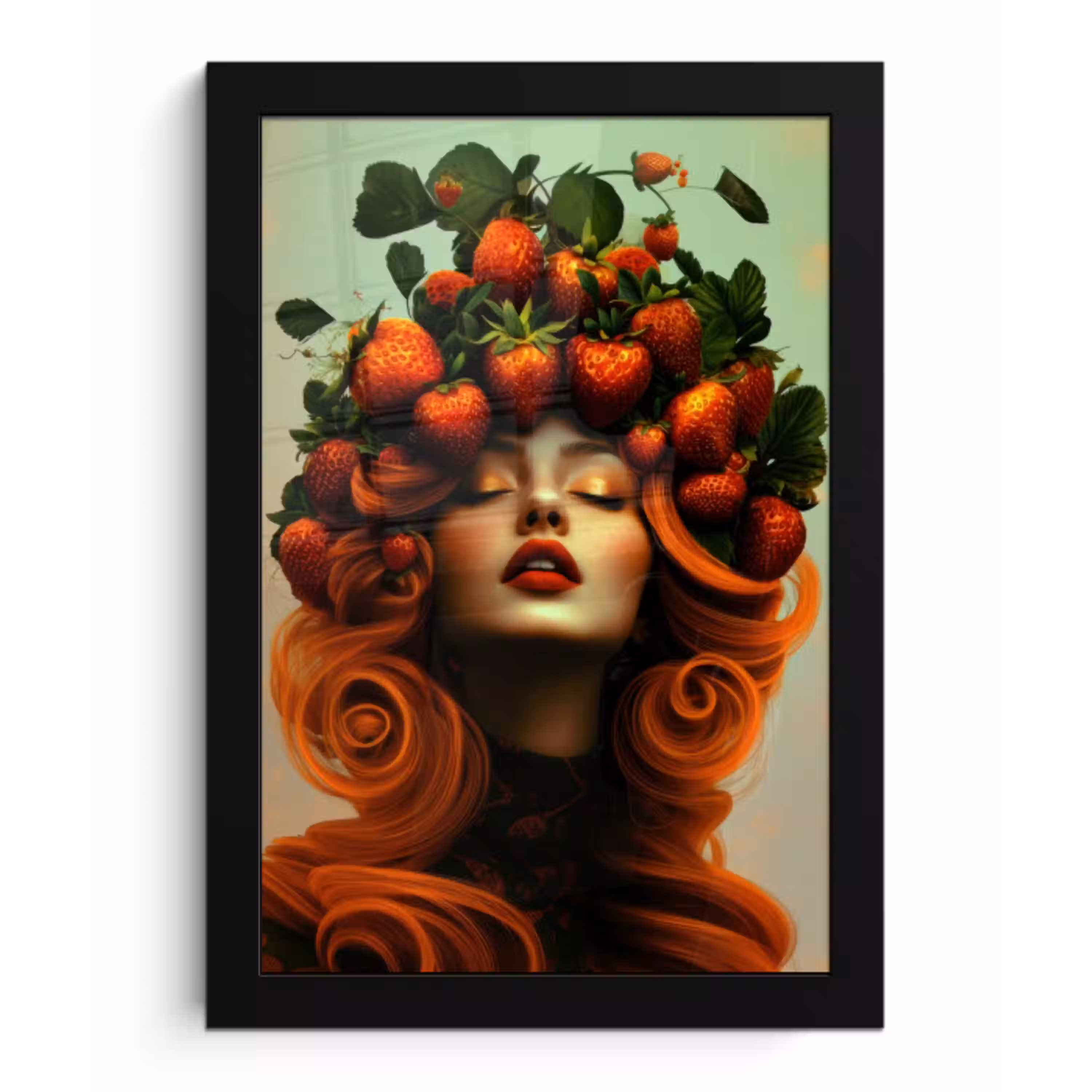 Vrouw - Aardbeien - Kroon fotolijst zwart zonder passe partout klein -3d
