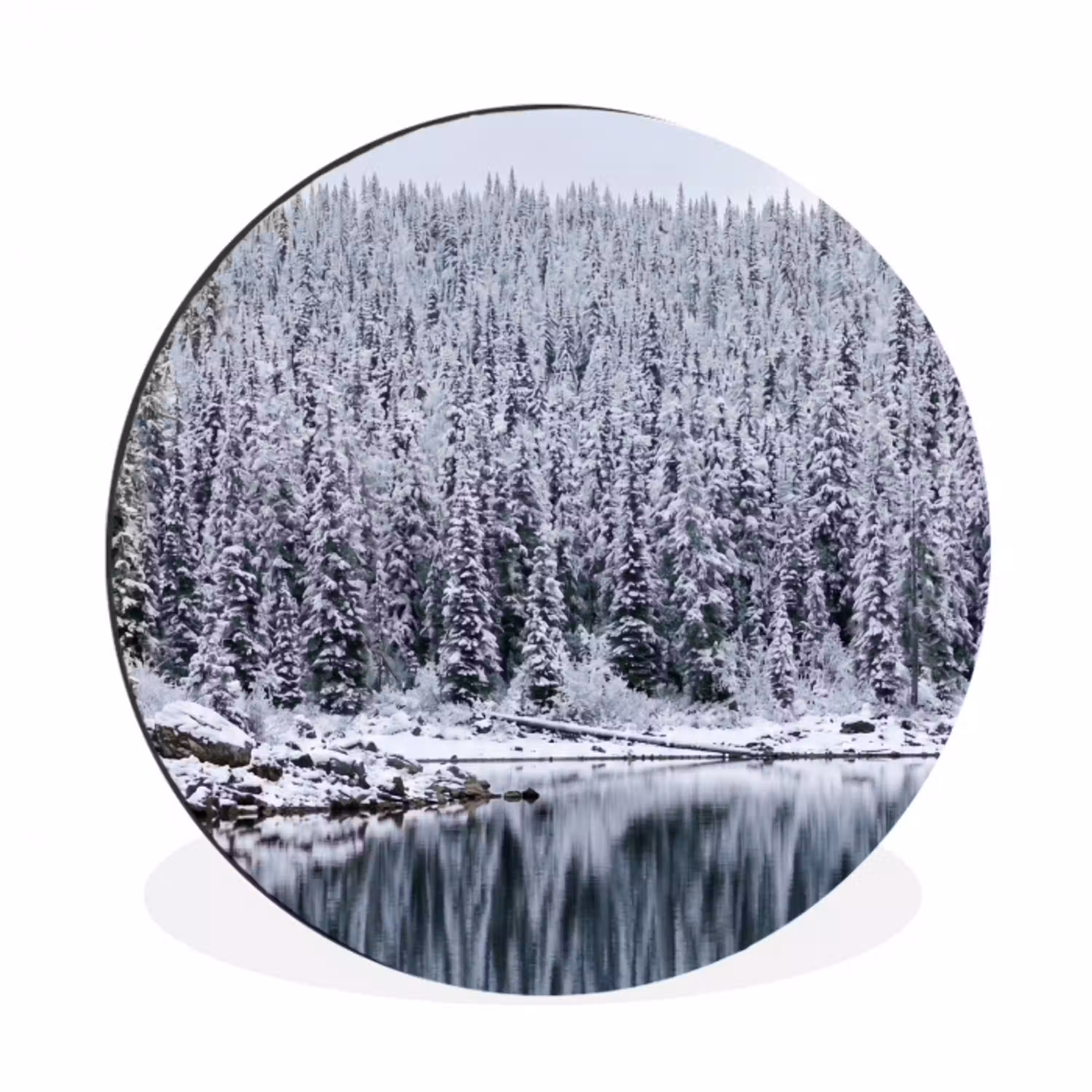 Bos - Reflectie - Meer - Winter - Serene Wandcirkel aluminium klein -3d