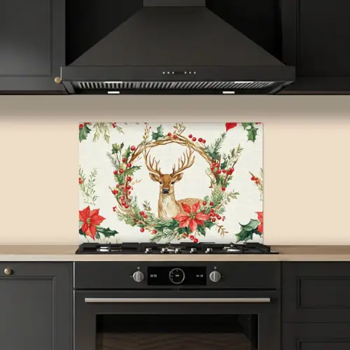 Kerstkrans - Hert - Hulst - Rood keuken achterwand spatscherm klein -sfeer1