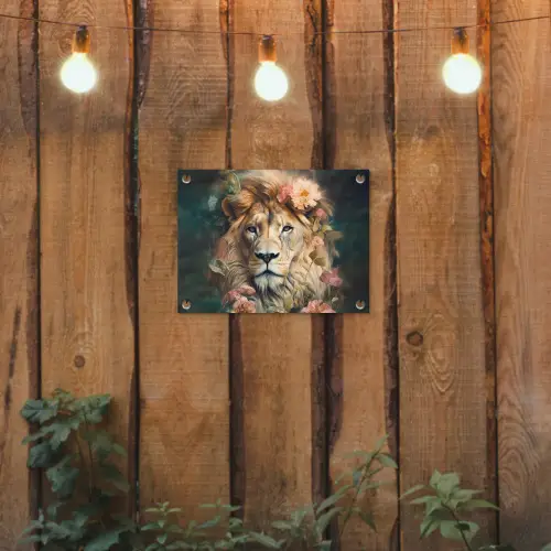 Leeuw - Leeuwenkop - Wilde dieren - Bloemen tuinposter los doek klein -sfeer1