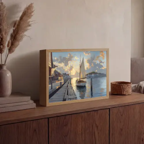 Zeilboot - Zon - Pier - Hout Light Box met batterij (Wandlamp) middel -sfeer2