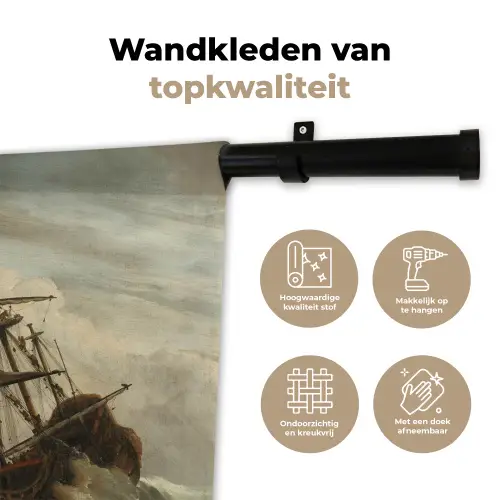 Een schip in volle zee bij vliegende storm - Schilderij van Willem van de Velde Wandkleed katoen klein -sfeer2