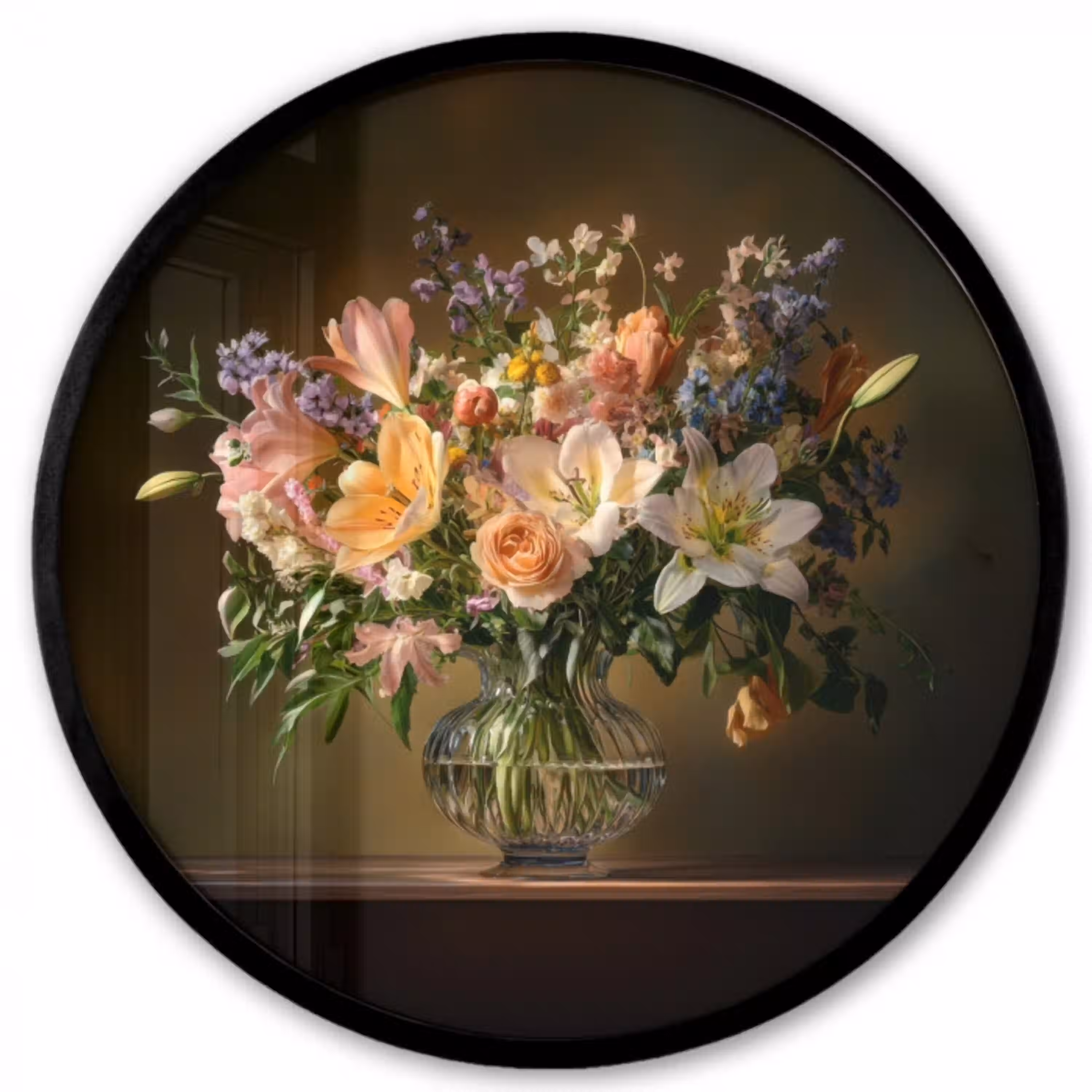 Glazen - Bloemen - Boeket - Kleuren Fotolijst rond zonder passe partout klein -3d