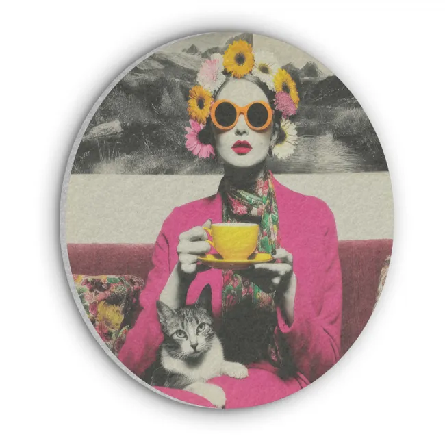 Akoestisch schilderij rond - Vrouw - Kat - Bloemen - Kopje - Retro