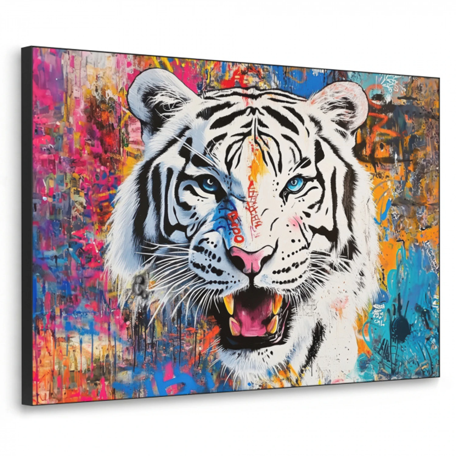 Street art - Tijger - Wit - Graffiti - Dieren Textielframe - compleet frame klein -3d