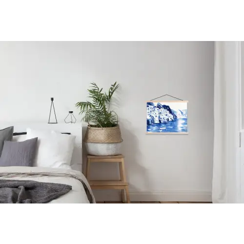 Dorp - Rotswand - Roeiboot - Water textielposter latten blank klein -woonkamer