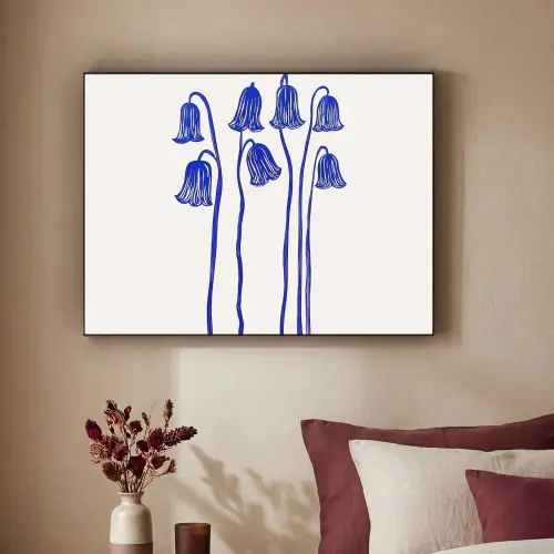 Bloemen - Blauw - Lijnen - Bloemblaadjes Textielframe zwart klein -sfeer1