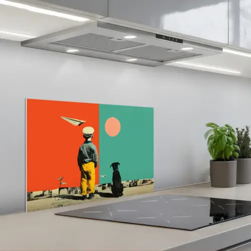 Retro - Jongen - Hond - Rood - Groen keuken achterwand spatscherm klein -3d_schuin
