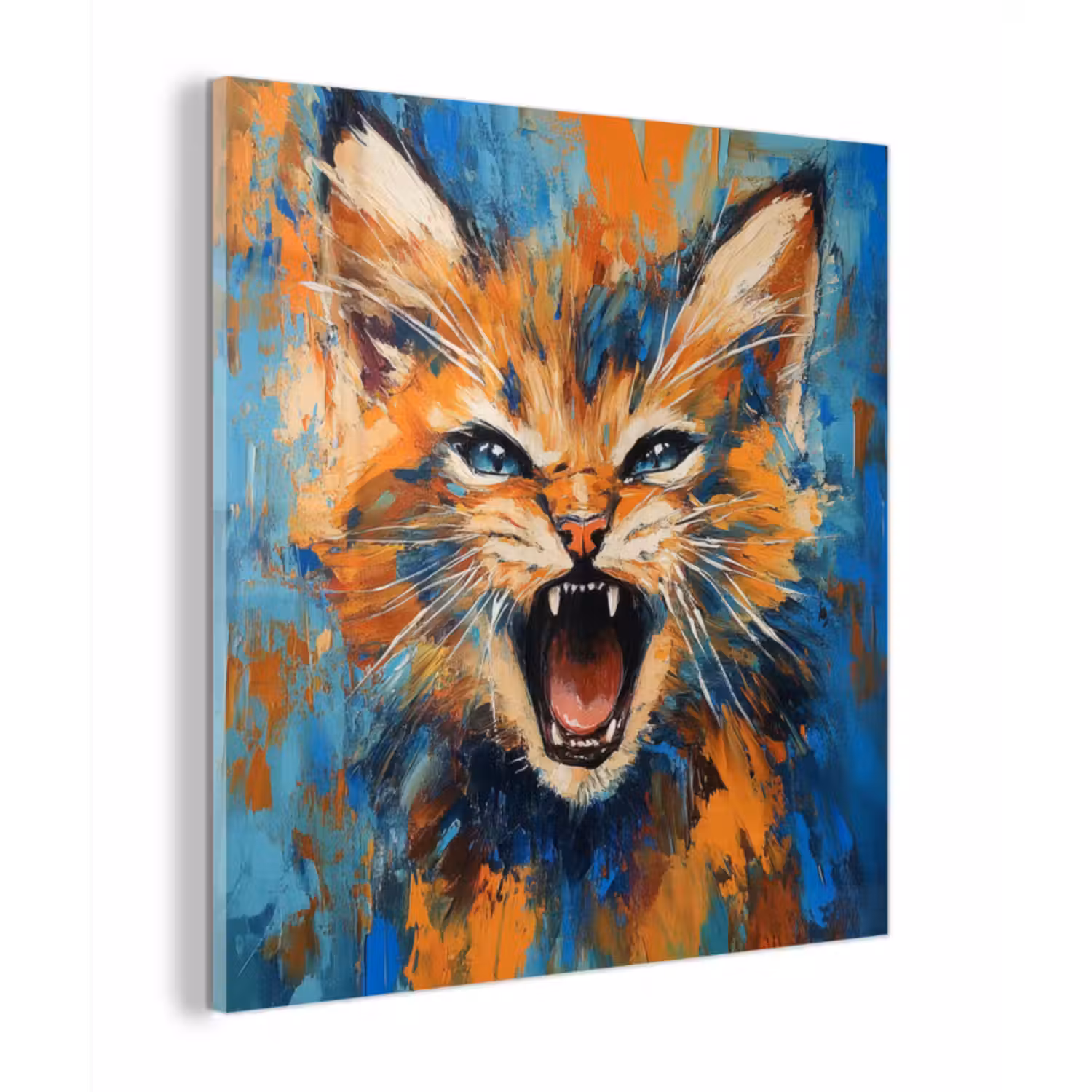 Glas schilderij - Kat - Kleurrijk - Oranje - Blauw