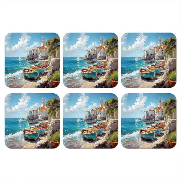 Boten - Rotsen - Zee - Zon onderzetter kurk middel -3d