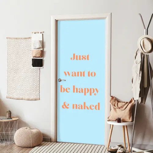 Blauw - Oranje - Just want to be happy & naked deurposter klein -sfeer6
