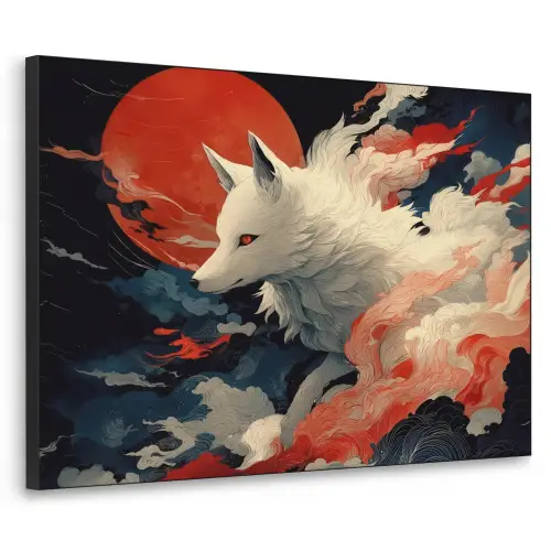 Witte vos - wolken - maan Textielframe zwart klein -3d