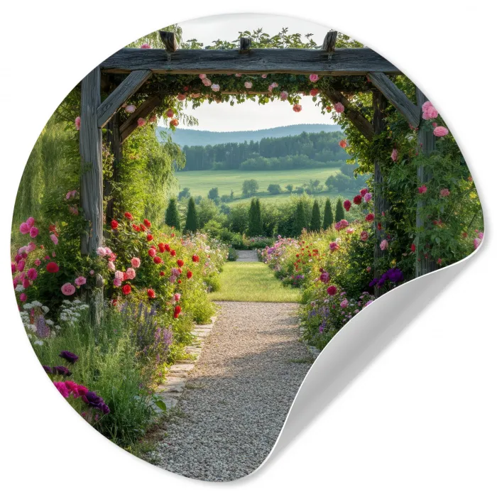 Doorkijk - Landschap - Natuur - Tuinboog - Bloemen Wandcirkel behangsticker klein -3d