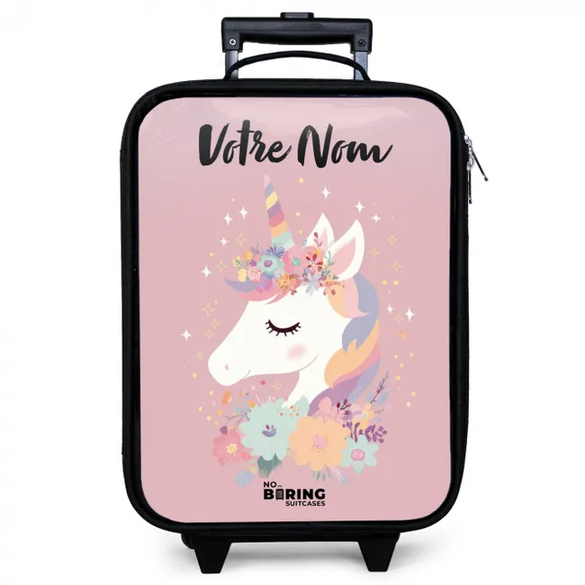 Valise enfant avec votre nom - Licorne - Rose - Fleurs
