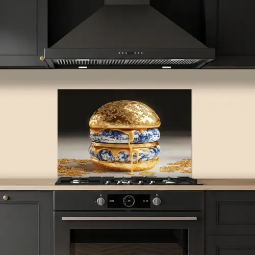 Delftsblauw - Goud - Burger keuken achterwand spatscherm klein -sfeer1