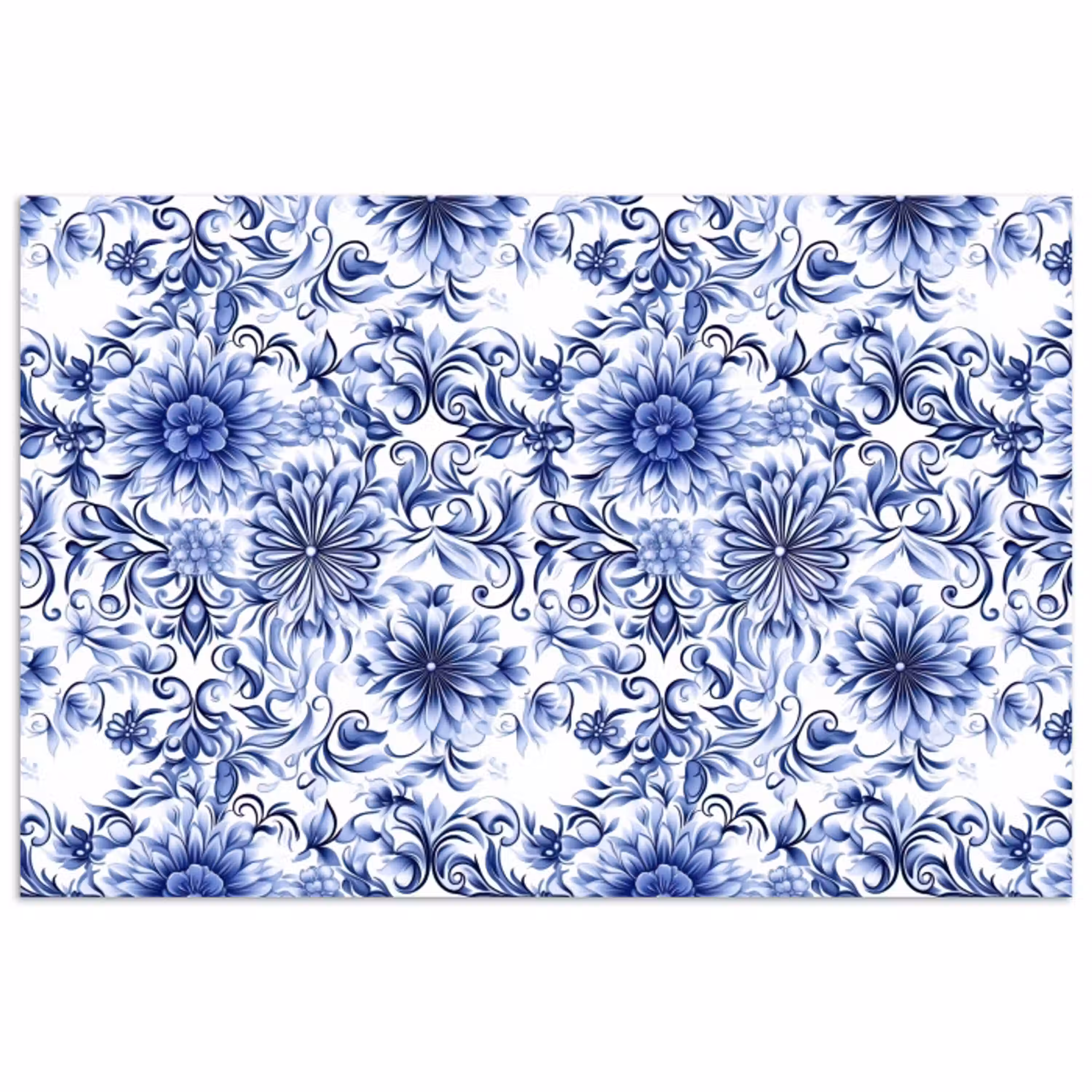 Bloemen - Blauw - Patroon - Wit poster papier klein 62 -3d